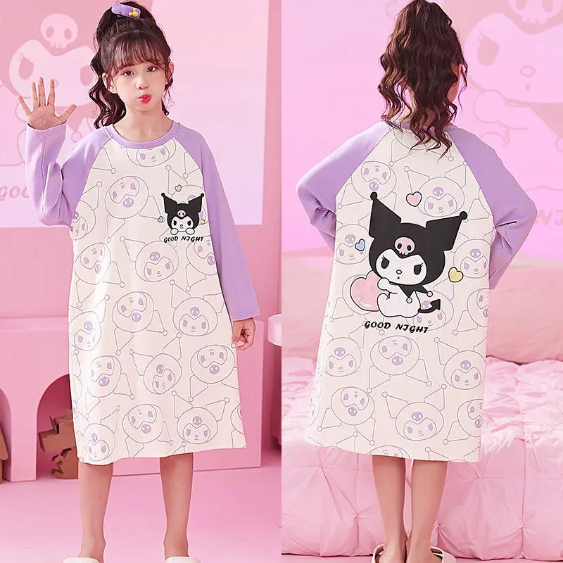 

New Sanrio My Melody Kuromi Children's Long-sleeved Pajamas Anime Cinnamoroll Cotton Casual Loose Girls Nightgown Sweet Homewear