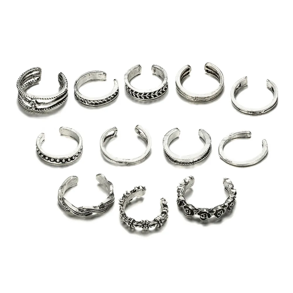 12Pcs/Set Mix Toe Ring Set Fashion Simple Retro Carved Flower Adjustable Toe Foot Rings Wholesale Women Open Finger Ring Jewelry 12Pcs/Set Mix Toe Ring Set Fashion Simple Retro Carved Flower Adjustable Toe Foot Rings Wholesale Women Open Finger Ring Jewelry