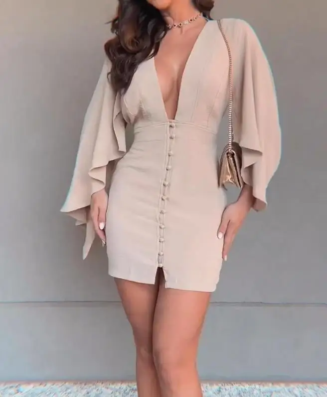 

Woman Sexy Plunge Buttoned Asymmetrical Long Sleeve Mini Dress New Women's Fashion Bodycon Slim Dresses