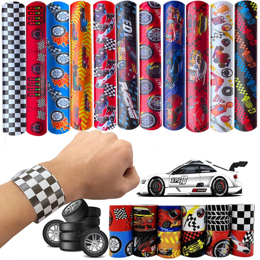 

12 PCS Race Car Party Favors Car Slap Bracelets Racing Flag Wristbands Kids Adults Speed Car Party Birthday Classroom Prizes