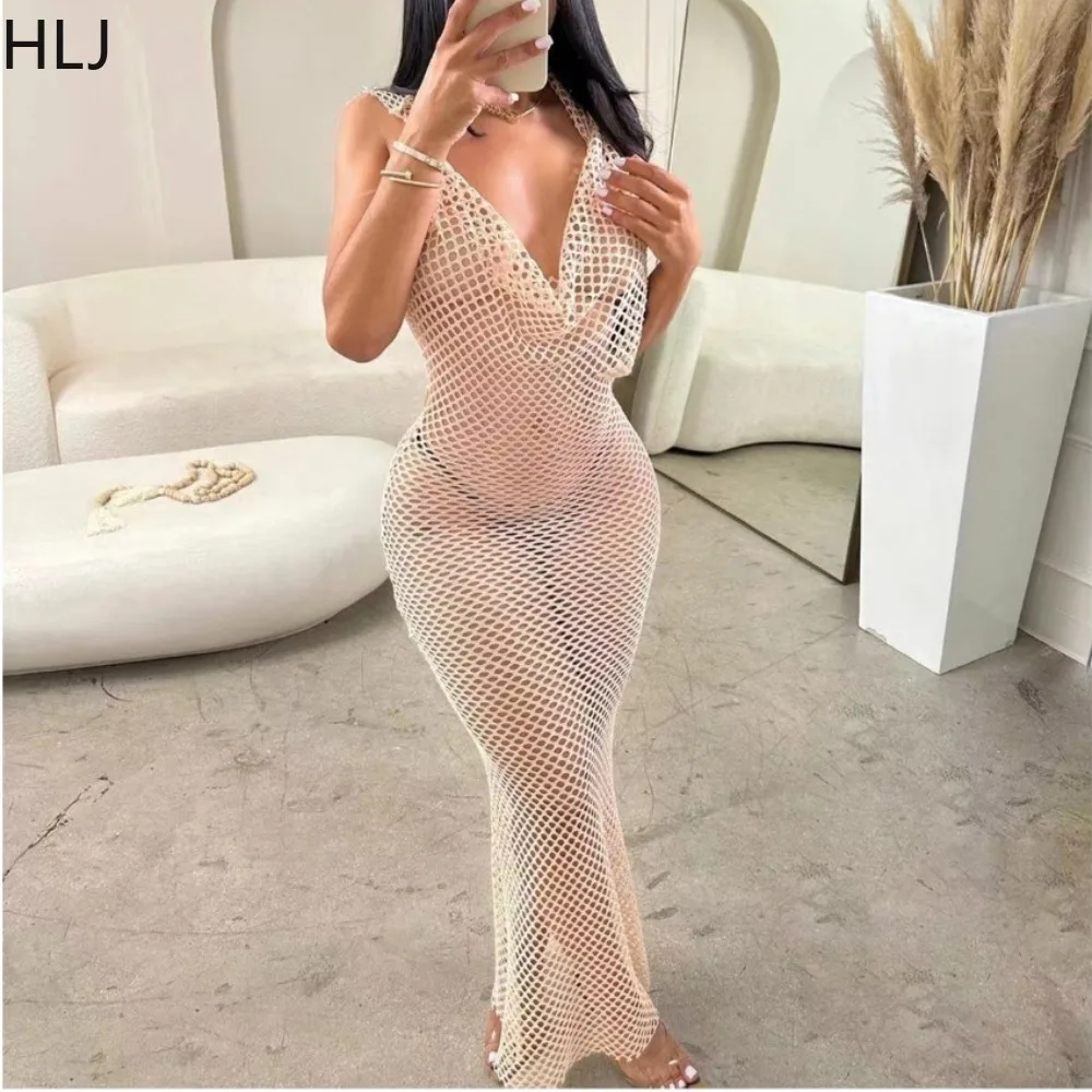 

HLJ Fashion Solid Color Mesh Hollow Out Perspective Halter Mid Dress Women V Neck Bandage Backless Slim Vestidos Female Clothing