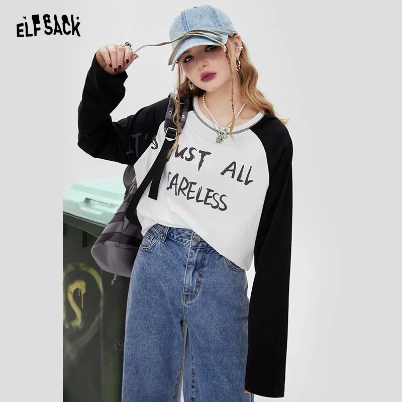 

ELFSACK Letter printed raglan long sleeved t-shirt for women in spring 2024, new slimming design with a sense of top