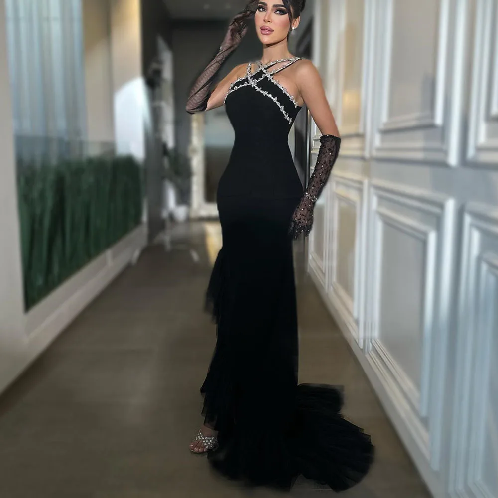 

Court Train Evening Gown for Women Elegant Criss-Cross Collar Long Prom Party Gowns with Sequined Gloves فساتين مناسبة رسمية