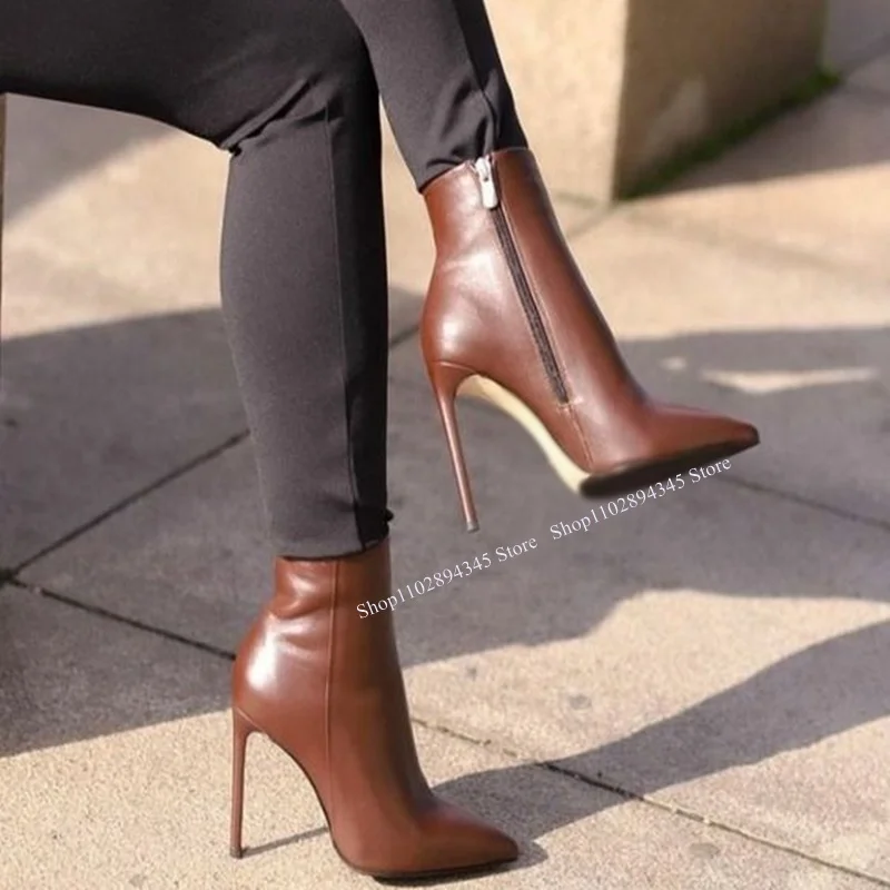 

Brown Mid Calf Zipper Boots Thin High Heel Pointed Toe Fashion Sexy 2024 Winter Casual Big Size Woman Shoes Zapatillas Mujer