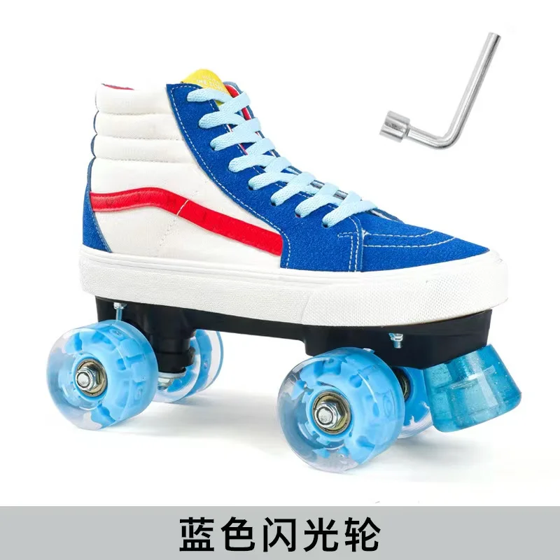

Double Row Roller Skates Shoes Patins 4-wheel Adult High-top Canvas Sliding Inline Quad Skating Sneakers Training Flash Wheel