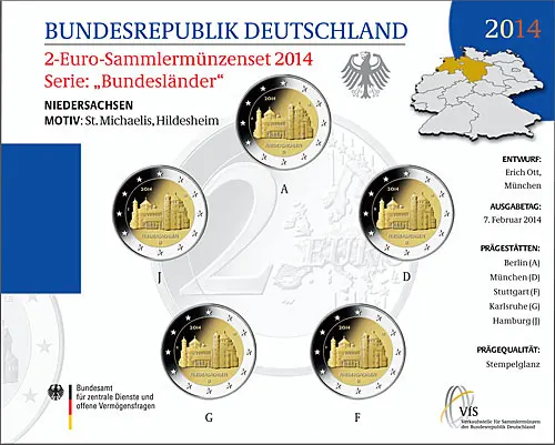 

Germany 2014 Commemorative Coin St Michael's Church in Lower Saxony Adfgj Marked Five Pieces 2 Euros