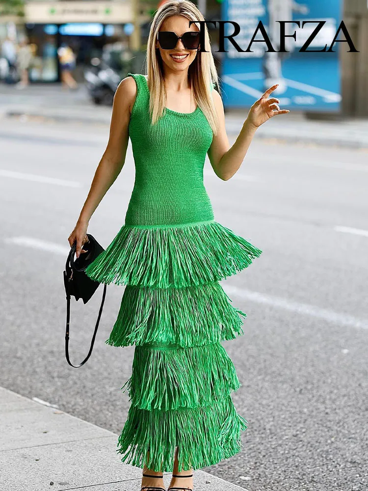 

TRAFZA New Green Knitted Dresses For Women Tassel Backless Long Dresses Sexy Summer Bodycon Dress Woman Midi Evening Party Dress