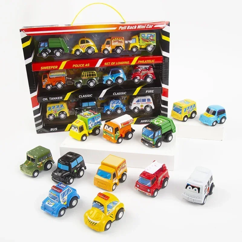 

12pcs Random Cartoon Inertia Pull Back Go Cars Vehicles Toy Police Car Taxi Mini Traffic Toy Set Baby Kids Boys Toys Gift
