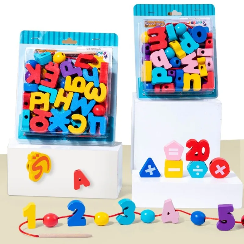 

Деревянные игрушки Monterssori, детская игрушка «сделай сам», Мультяшные буквы, цифры, вязание, нить, деревянные бусины, игрушка для обучения детей