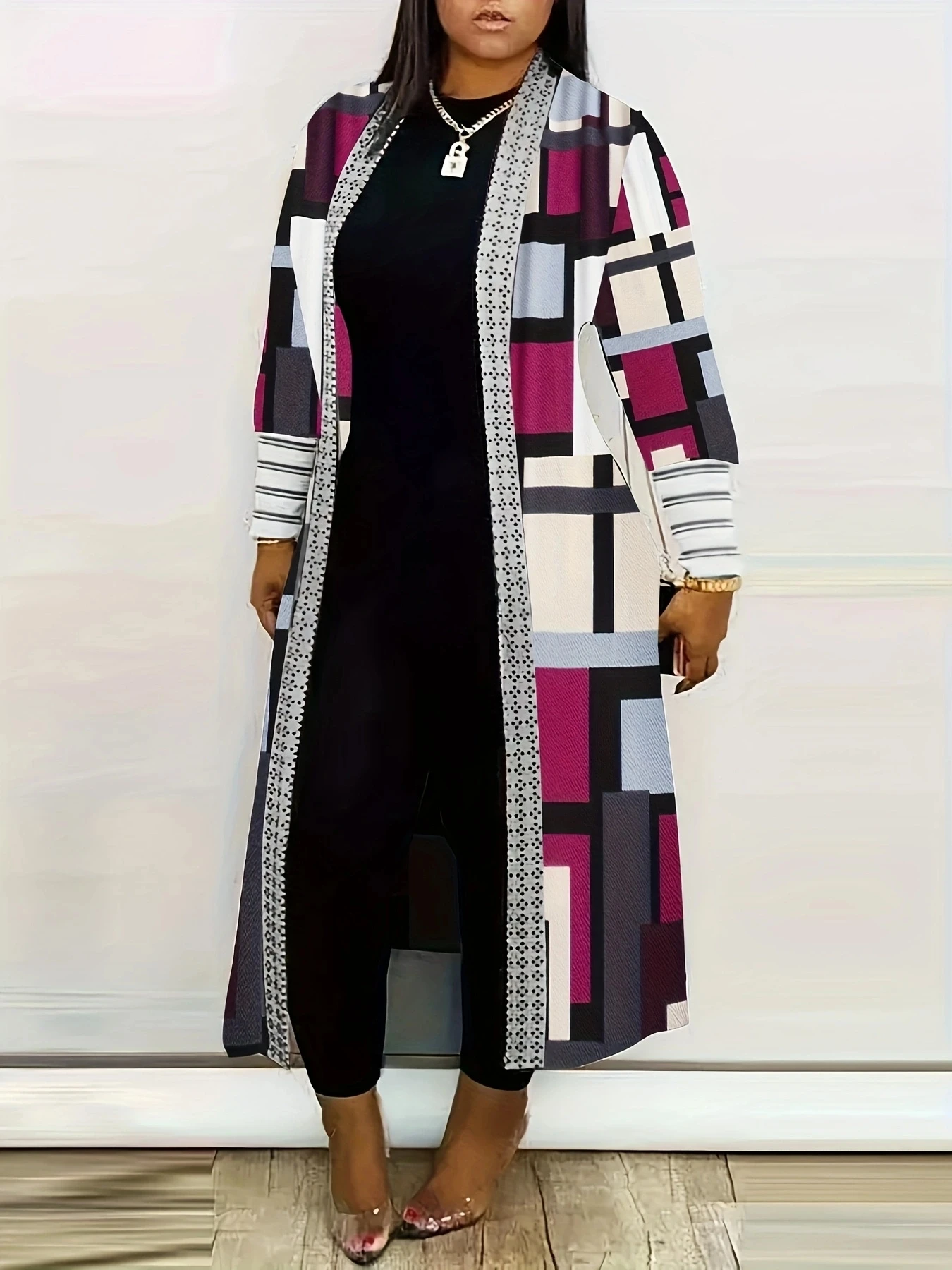 Plus Size Casual Coat, Women's Plus Colorblock Geometric Print Long Sleeve Open Front Cardigan
Plus Size Casual Coat, Women's Plus Colorblock Geometric Print Long Sleeve Open Front Cardigan