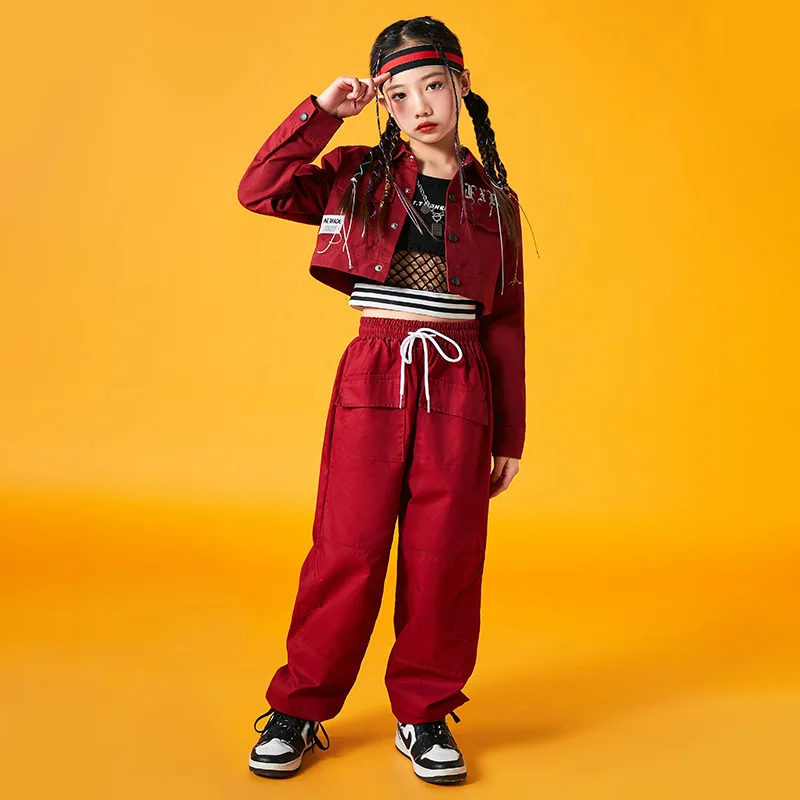 

Детская одежда в стиле хип-хоп, винно-красная короткая рубашка, короткий топ с длинным рукавом, повседневные штаны-карго для джоггера для девочек, костюм для джазовых танцев, комплект одежды