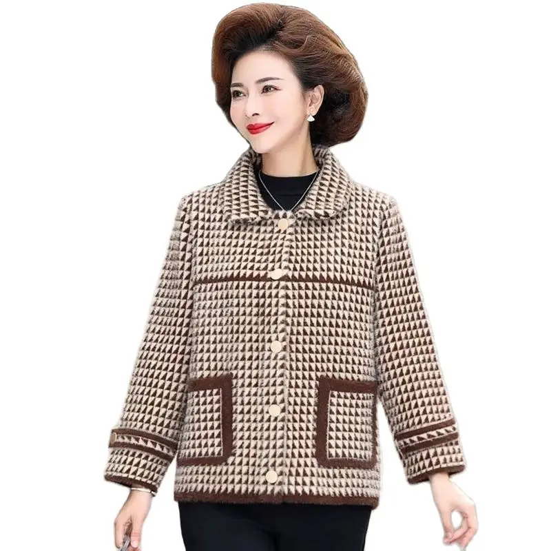 

Winter Elegant Jacket Female 2022 New Imitation Mink Velvet Grid Wool Coat Middle-aged Women Thick Warm Short Woolen Coat 5XL