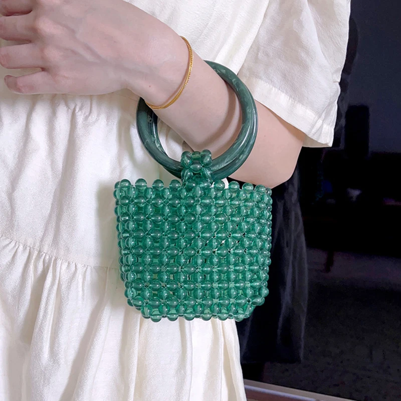 

2023 летние новые зеленые акриловые дизайнерские сумки ручной работы из бисера винтажные круглые тканые маленькие сумки-тоуты для вечеринок для женщин