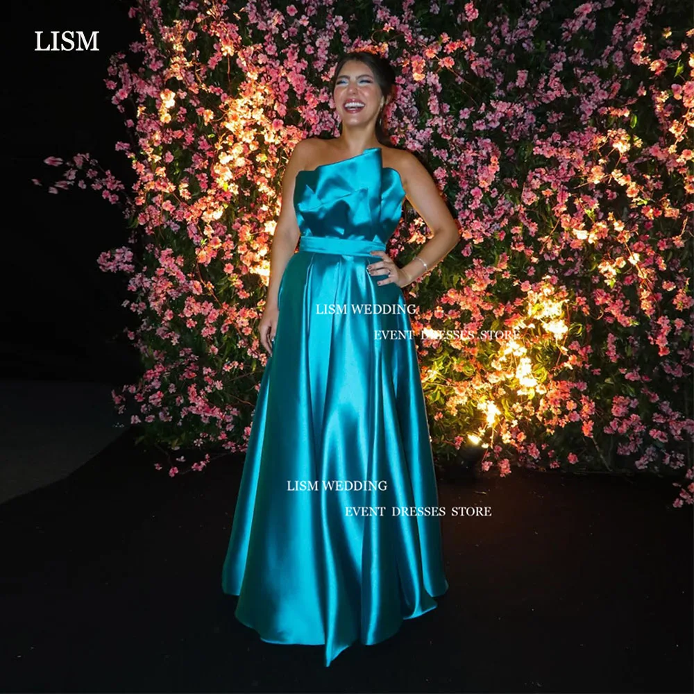 

LISM Blue Silk Satin A-Line Evening Dresses Saudi Arabic Women Scaollped Pleat Long Prom Gowns Event Formal Occasion Dress 2024