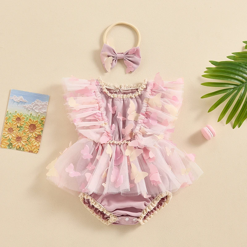 

Baby Girls Lace Rompers Dress Butterfly Embellished Fly Sleeve Mesh Skirt Hem Infant Bodysuits Summer Jumpsuits with Headband