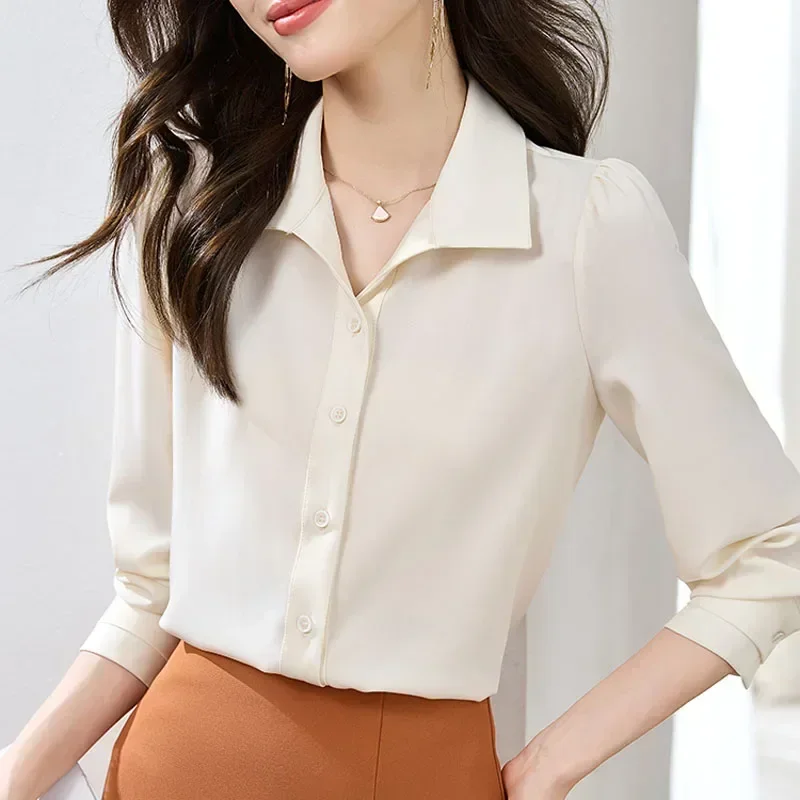 

Women Turn Down Collar Shirt French Style Office Lady Long Sleeve Chiffon Blouse New Fashion Autumn Button Tops Clothes 29466