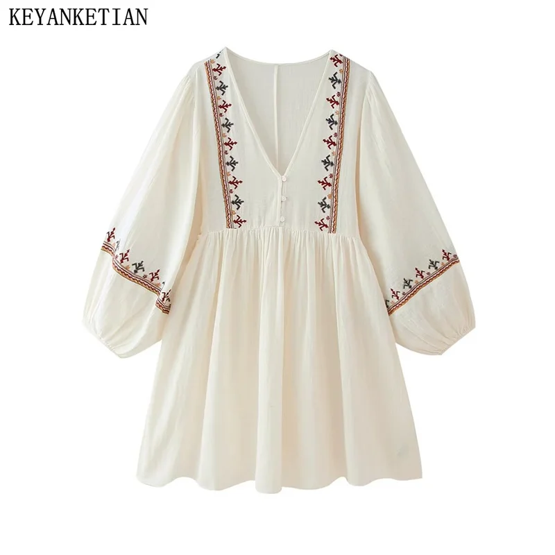 KEYANKETIAN 2024 New Launch Bohemian Holiday wind Embroidery Mini Dress Women Loose Patchwork Cotton Linen Blended A-line Dress
KEYANKETIAN 2024 New Launch Bohemian Holiday wind Embroidery Mini Dress Women Loose Patchwork Cotton Linen Blended A-line Dress