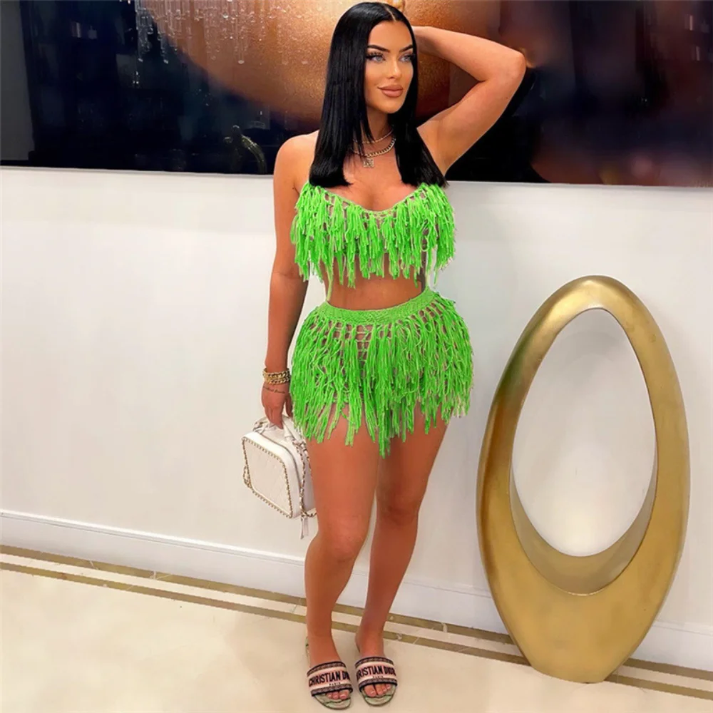 Summer Beach Tassel Dress 2 Piece Sets Women See Through Hollow Out Lace Up Strapless Crop Tops and Shorts Clubwear Casual Suits
Summer Beach Tassel Dress 2 Piece Sets Women See Through Hollow Out Lace Up Strapless Crop Tops and Shorts Clubwear Casual Suits