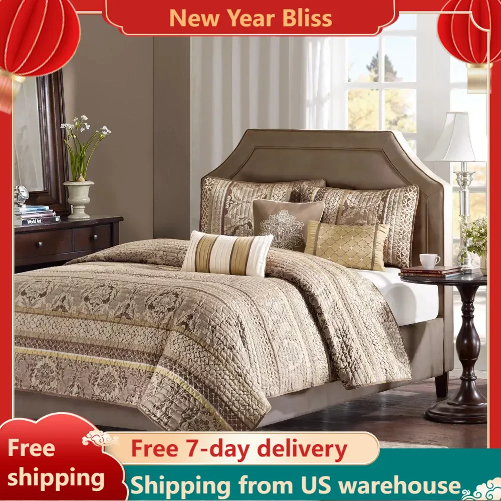 

Mirage 6 Piece Jacquard Quilted Coverlet Set - Brown/Gold Bedspread on the Bed Plaid Full/Queen Bedspreads for Bed Cover Double