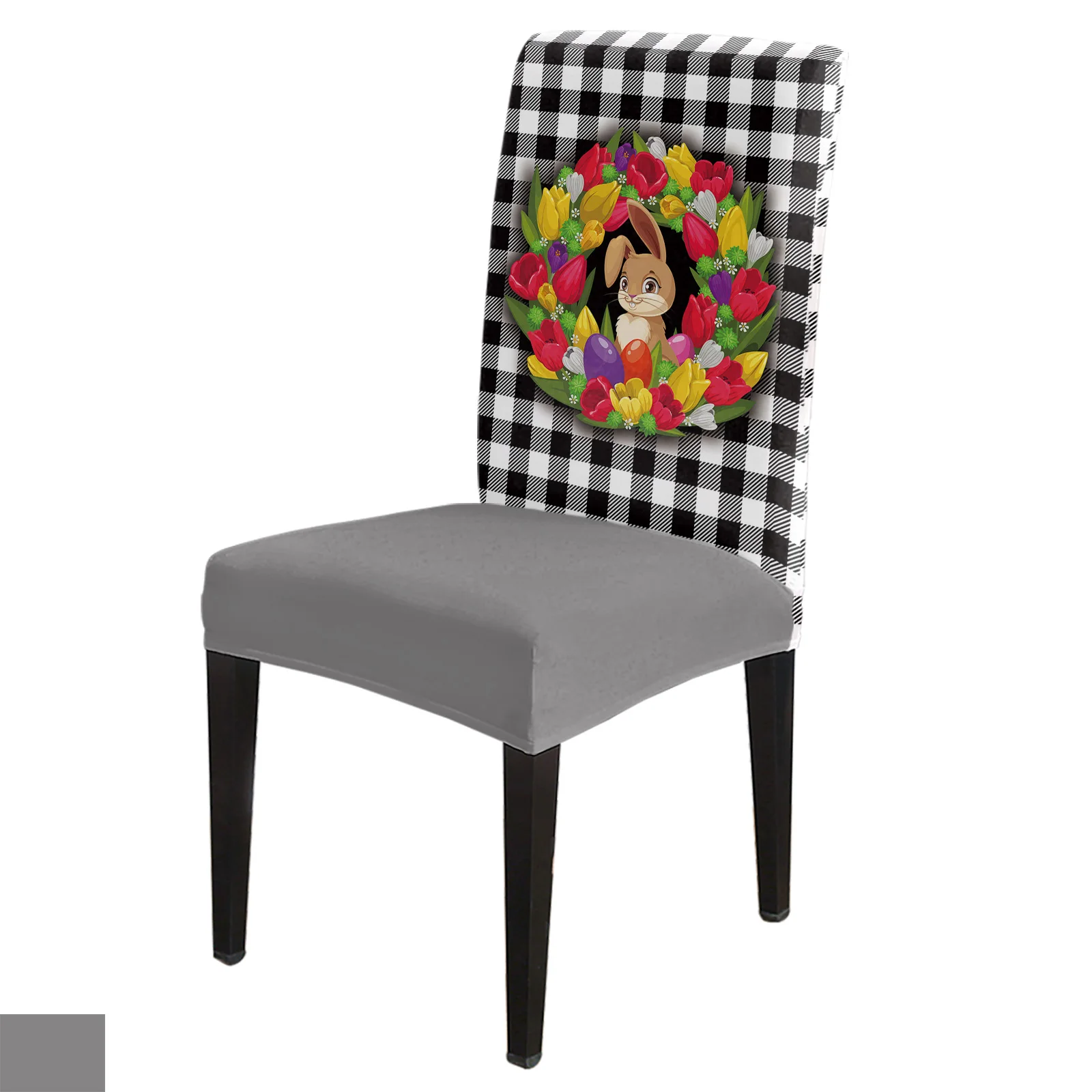 

Easter Checkered Flower Rabbit Wood Grain Chair Cover Dining Spandex Stretch Seat Covers Home Office Decor Desk Chair Case Set