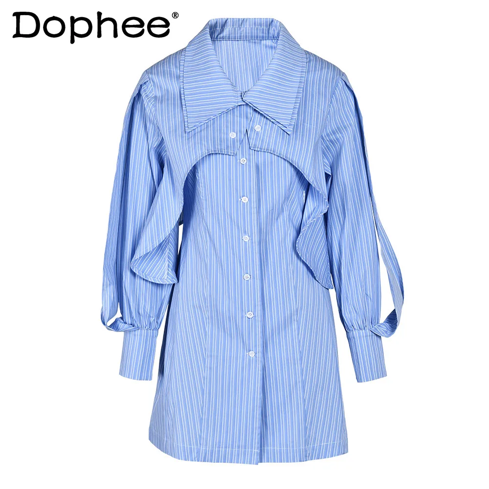 

Fashion Design Sense Niche Shirt Women's Clothes Blouse Set Autumn Elegant Striped Double-Layer Collar Irregular Blusas De Mujer