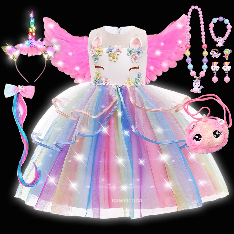 

Girls Rainbow Unicorn LED Light Up Tutu Dresses Kids Birthday Party Sequins Glowing Knee Length Dress Halloween Animal Costumes