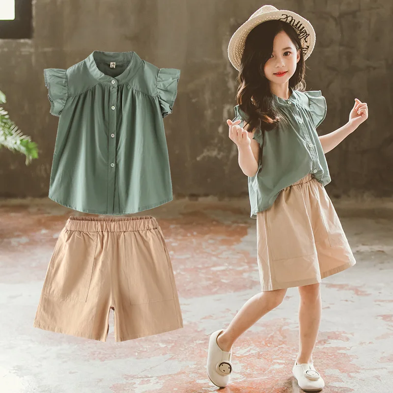 

2023 new teenager Summer Kids Girls clothes Flying Sleeve blouse Shirt + short Leisure loose Pants teens 7 8 9 11 12 13 14 years