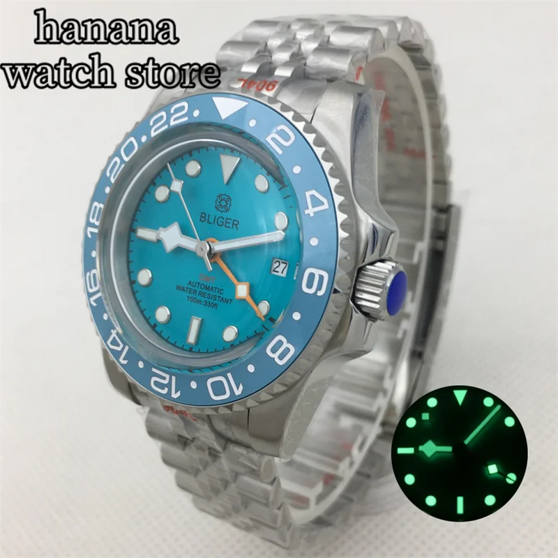 

40mm sky blue luminous dial NH34 GMT Automatic Men's Watch Arch glass ceramic bezel Oyster Silver Jubilee bracelet Date window