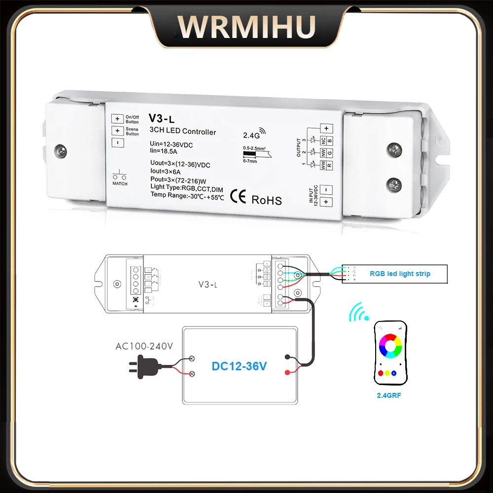 DC12V-36V 0-100% PWM V3-L CCT/Color Temperature/RGB 3in1 Dimmmer Controller 2.4GHz + Push Dim For 5050/2835/3528 LED Strip Tape
DC12V-36V 0-100% PWM V3-L CCT/Color Temperature/RGB 3in1 Dimmmer Controller 2.4GHz + Push Dim For 5050/2835/3528 LED Strip Tape