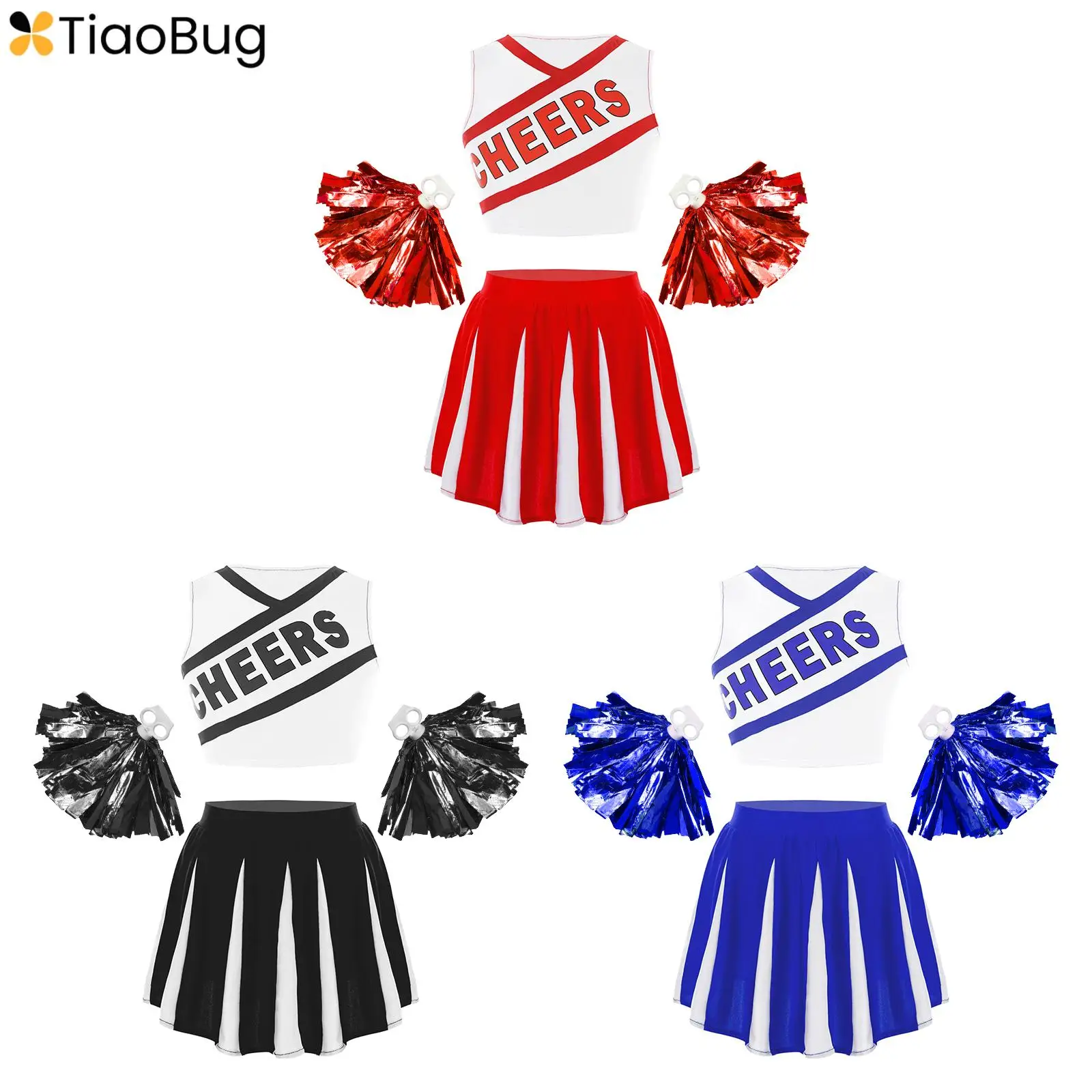 

Kids Girls Cheerleader Costume Carnival Halloween Party Dress Up Cheerleading Uniform Crop Top with Pleated Skirt and Pom Poms