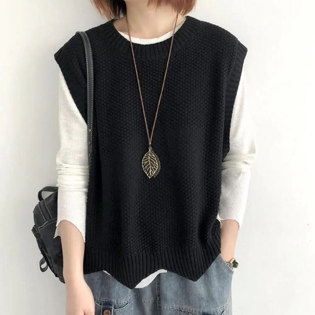 

Women Spring Vest Cozy Women's Knitted Vest with Wavy Hem Soft O Neck Sleeveless Top for Autumn Winter Casual Loose for Ladies