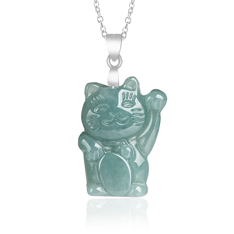 

Natural A-grade Jade Blue Water Lucky Cat Nuo Seed Jadeite Pendant S925 Silver Inlaid Fashion Cute Women's Charms Jewelry