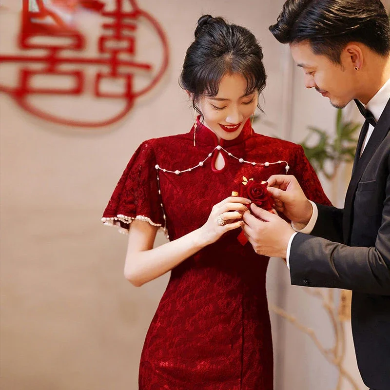 

Chinese Style Wedding Party Wind Red Qipao Dress Traditional Retro Slim Dress Marriage Gown Long Cheongsam Vintage Toast Clothes