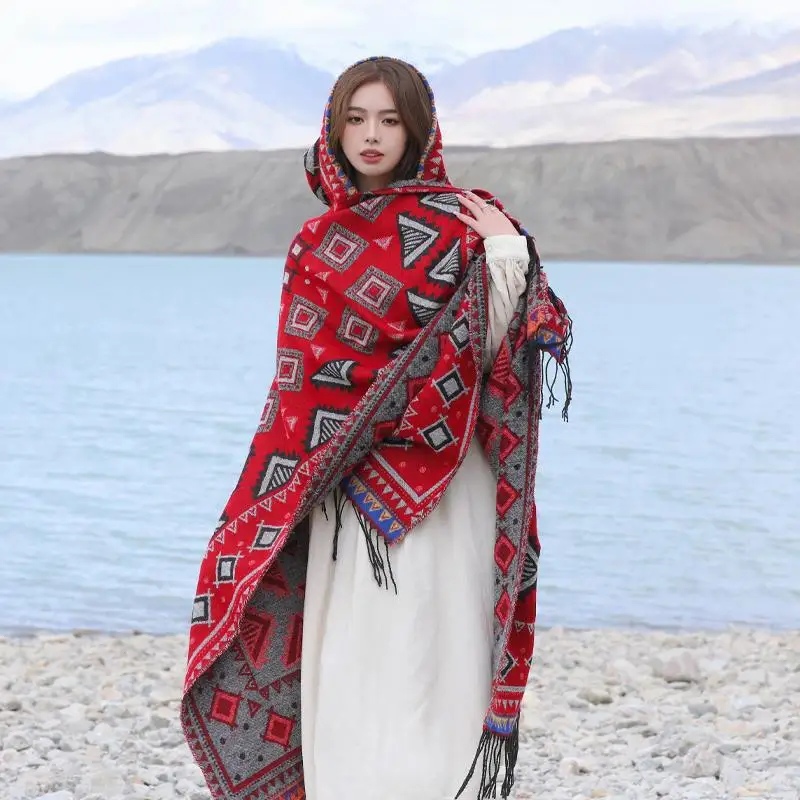

Poncho Imitation Cashmere New Ethnic Style Tourism Cloak Women's Hooded Warmth Thickened Scarf Photo Overlay with Knitted Shawl