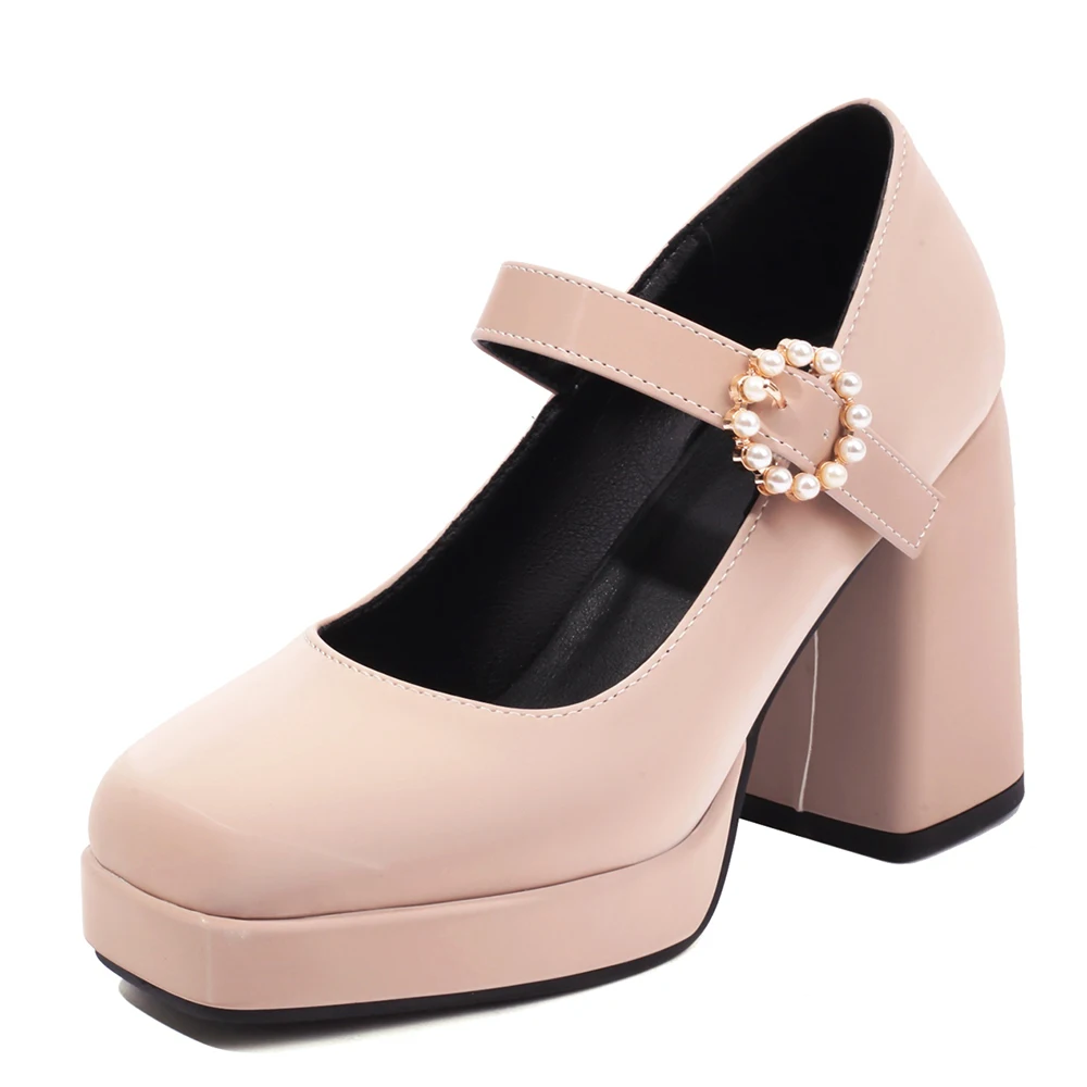 

Chunky Heeled Square Toe Mary Jane Platform High Heels Buckle Strap Shoes Women Thick Heel Pumps with Pearls Black Apricot Red