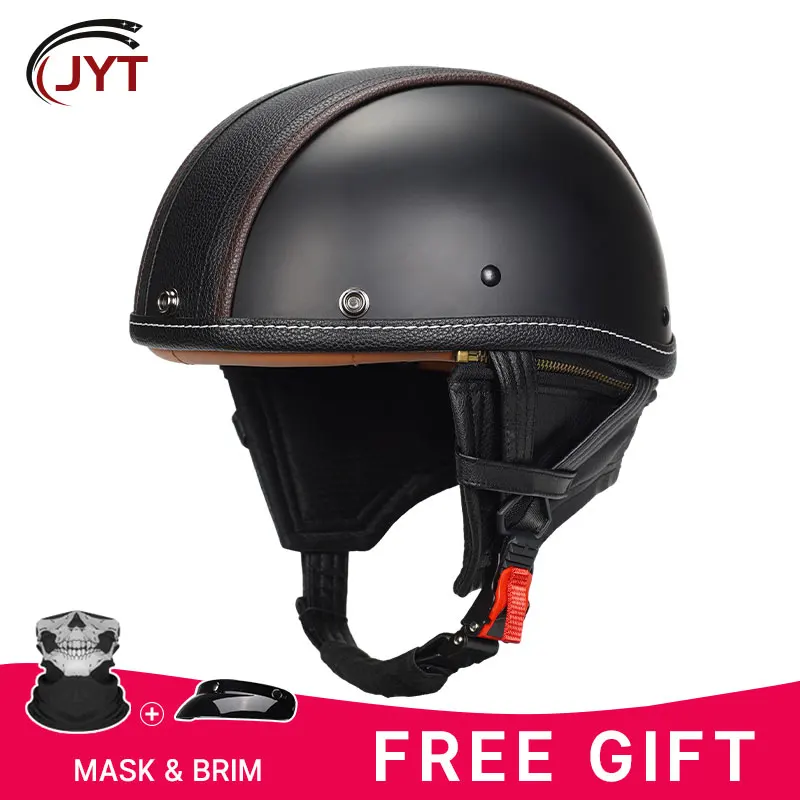 

Half Face Helmet Leather Retro Low Profile Motorcycle Helmets Vintage Motorbike Helmets Men Women Scooter Cruiser DOT Approved