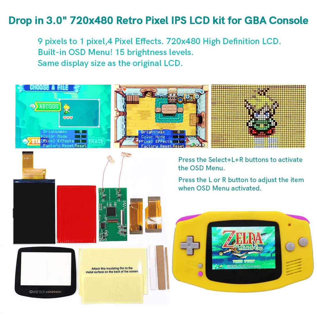 

V5 Easy Drop In 3.0" 720x480 Retro Pixel IPS LCD Kit With No Need to Cuting Shell For Gameboy Advance