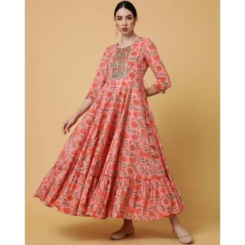 

Indian Women Peach Floral Printed Anarkali Kurta Kurti Long New Style Dress