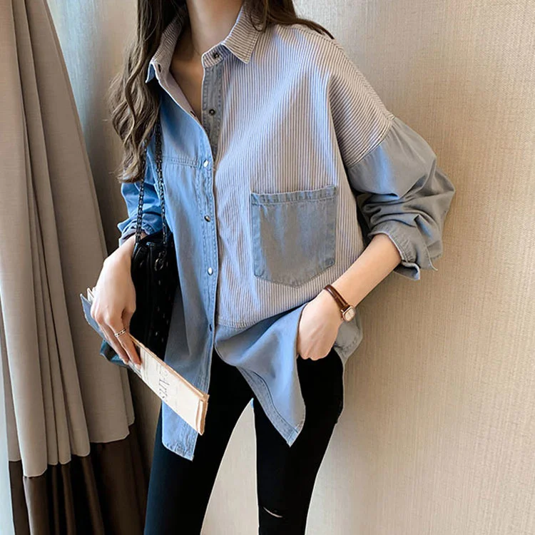 

#3123 Spliced Color Blue Denim Shirt Women Batwing Sleeve Asymmetrical Shirt Long Sleeve Loose Vintage Womens Tops And Blouses