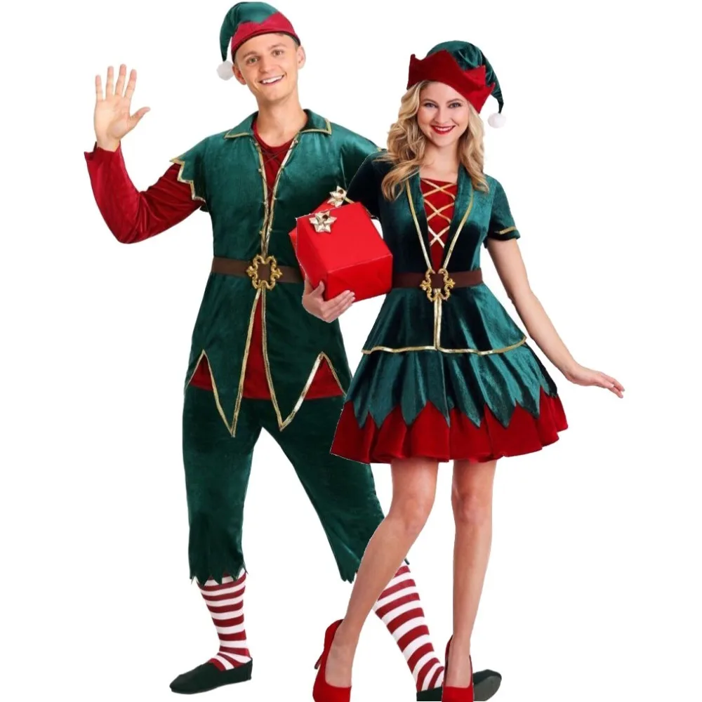 

Deluxe Christmas Green Elf Fancy Costume Xmas Cosplay Santa Claus Clothes New Year Xmas Women Men Carnival Party Dress Suit Gift