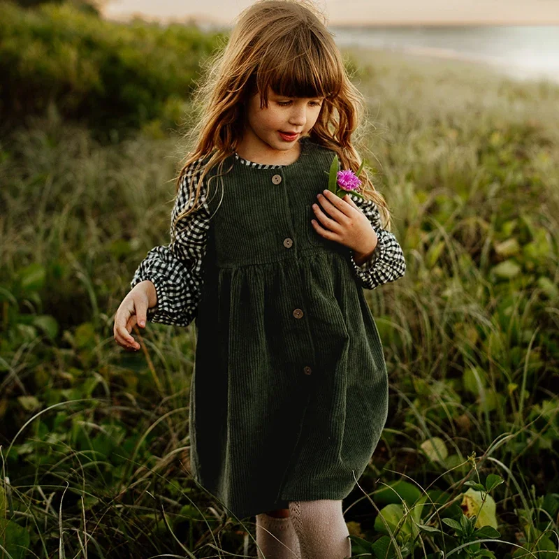 

Girls Button Up Corduroy Pinafore Dress Vintage Autumn New Children's Round Neck Casual Loose Sleeveless A-Line Dresses