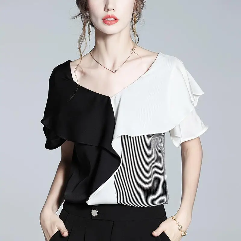 French Ruffled Stitching Chiffon Shirt Top Women's Summer New V Neck Short-sleeved T-shirt Blouse S-4XL Blusa Feminino
French Ruffled Stitching Chiffon Shirt Top Women's Summer New V Neck Short-sleeved T-shirt Blouse S-4XL Blusa Feminino
