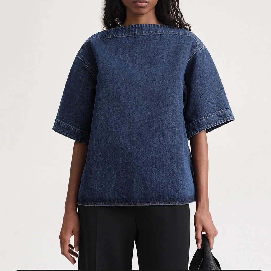 Casual simple loose a collar denim short-sleeved T-shirt dark blue cotton straight denim shirt Top women 2023 summer new 
Casual simple loose a collar denim short-sleeved T-shirt dark blue cotton straight denim shirt Top women 2023 summer new