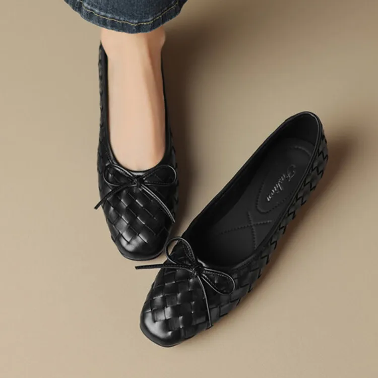 

Luxury Black Cow Leather Women Flats Weaved Design Shallow Espadrilles Slip On Dress Moccasins Bowknot Working Creepers Zapatos