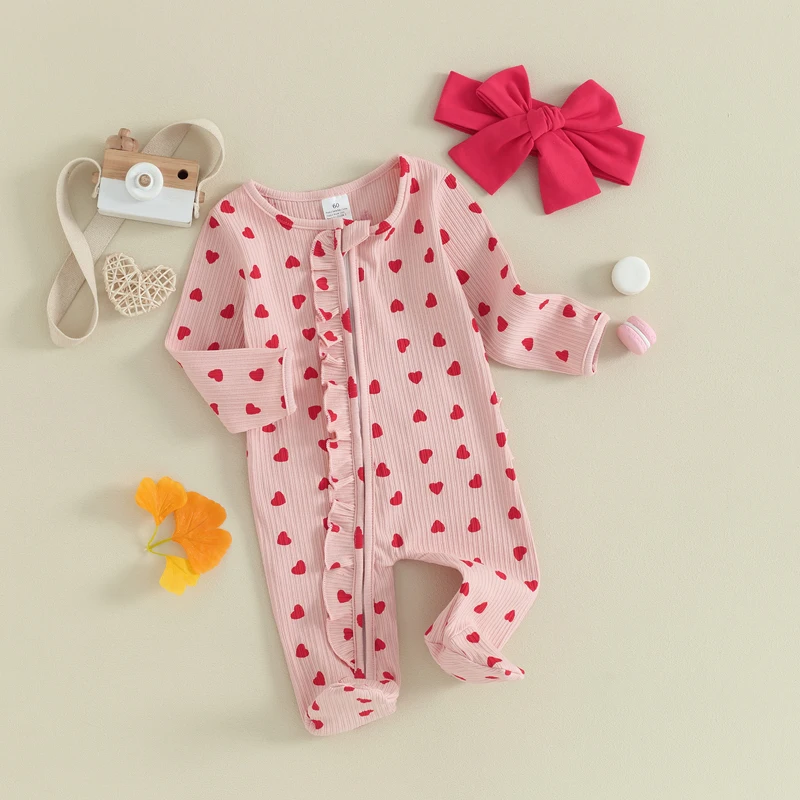 

Newborn Baby Girls Valentines Day Outfit Long Sleeve Ruffle Romper Coming Home Outfit Baby Clothes with Headband For