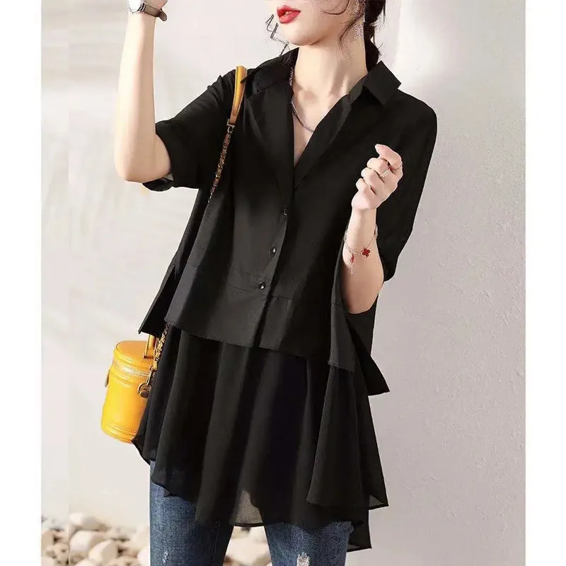 Fashion Fake Two-piece Shirt Black Women's Patchwork 2022 Summer New Women's Mid-length Loose Short Sleeve Top Solid Suit Collar
Fashion Fake Two-piece Shirt Black Women's Patchwork 2022 Summer New Women's Mid-length Loose Short Sleeve Top Solid Suit Collar