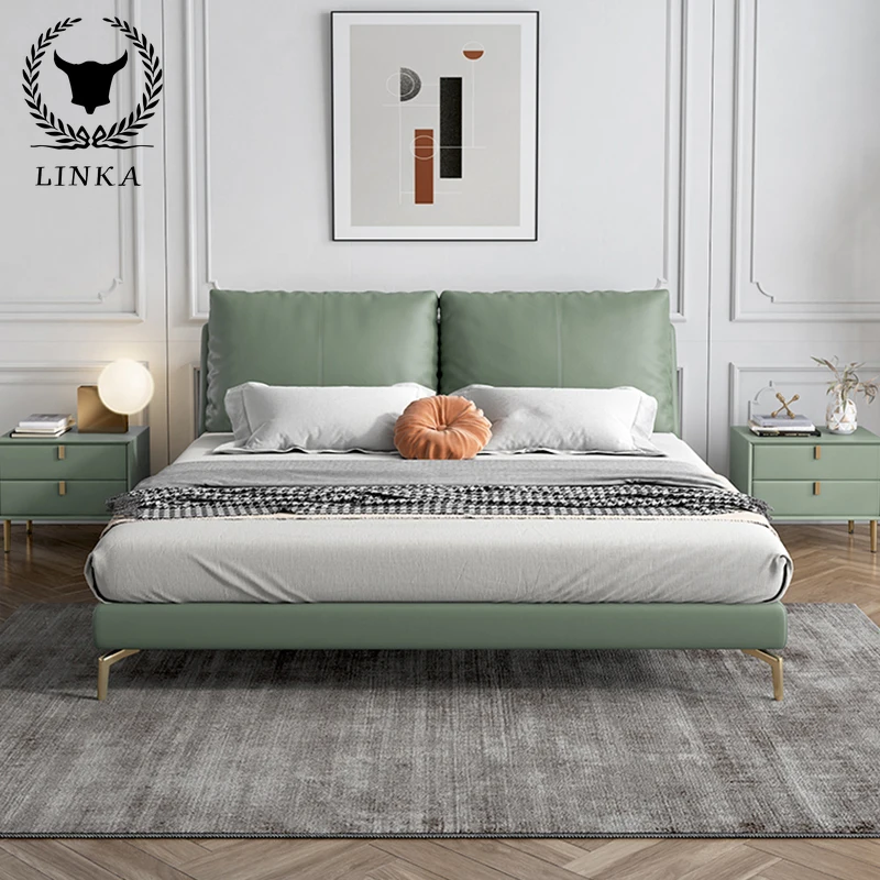 

Роскошная кожаная кровать в итальянском стиле, Минималистичная постмодернизированная простая мягкая кровать-мешок для основной спальни, 1,8 м