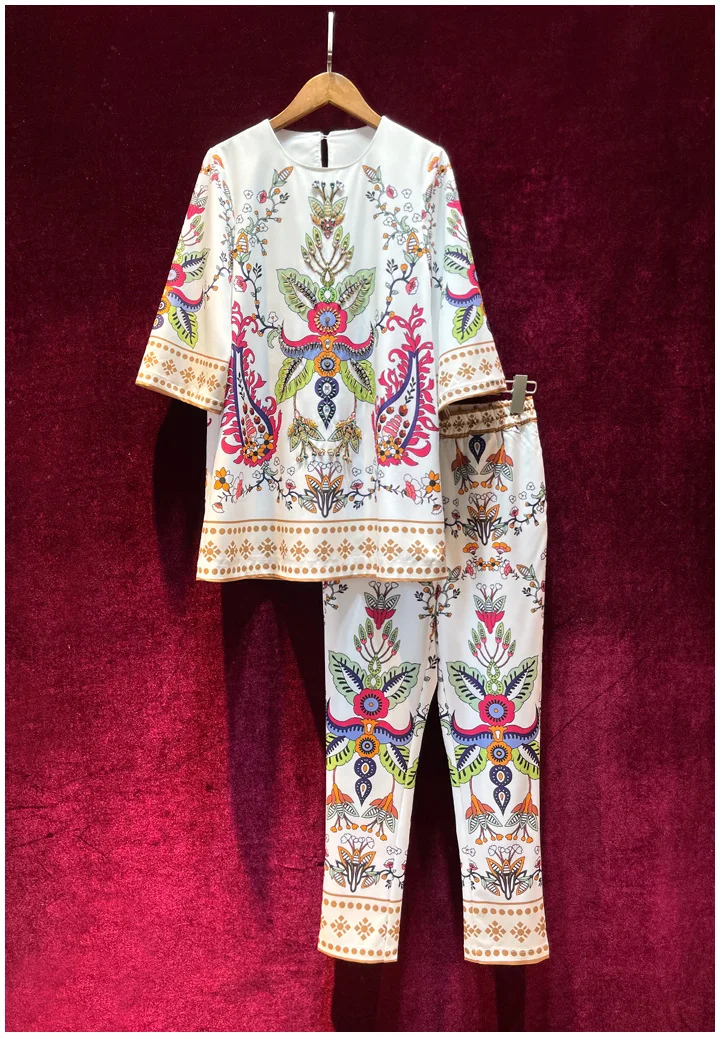 

Europe and the United States women's 2024 summer new Five-quarter sleeve printed beaded T-shirt Ninth pants Fashion suit
