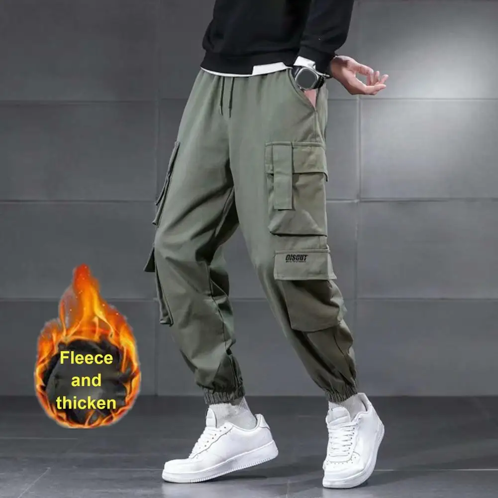 

Men Winter Cargo Pants Elastic Waist Drawstring Multi Pockets Jogger Trousers Solid Color Thick Fleece Lining Outdoor Cargo Trou