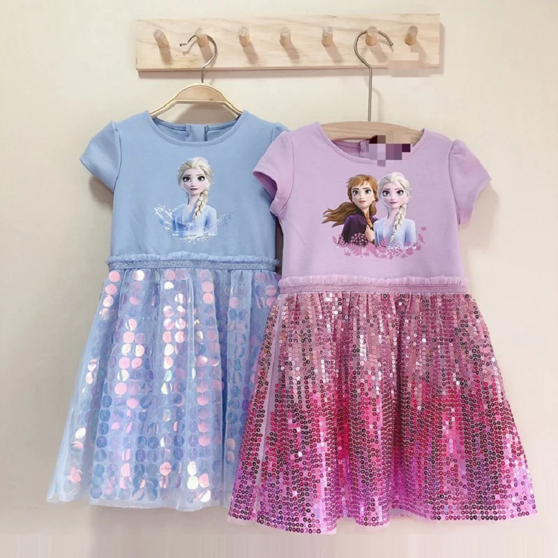 

2024 Summer Girls Dress Clothes Baby Kids Frozen Elsa Anna Princess Party Costume Short Sleeve Vestidos Sequin Outfits Clothing